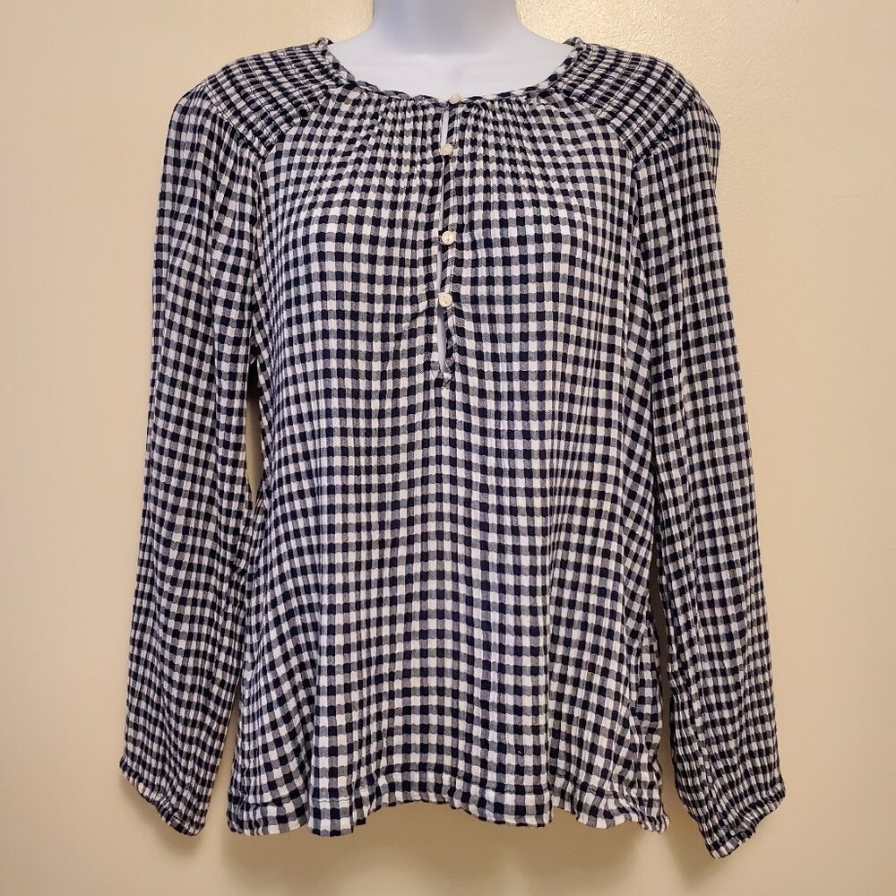 Old Navy Blue White Gingham Smocked-Shoulder Long Sleeve Poet Blouse Top - XS
